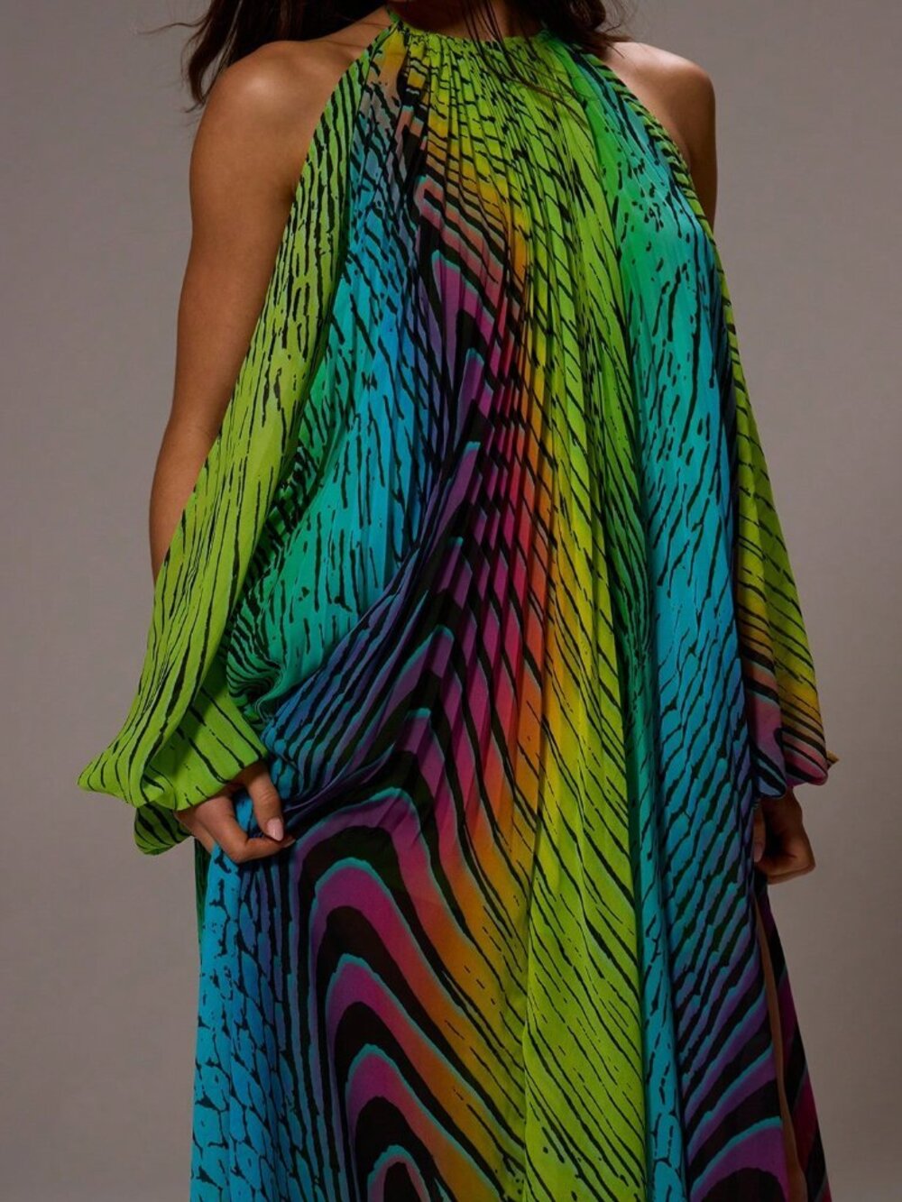 Yellow Boho Women's Chiffon Maxi Dress with Open Back Split Sleeves Halter Neck - Picture 2 of 6